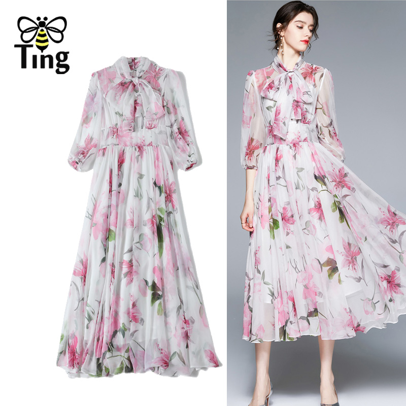 Tingfly-우아한 런웨이 핑크 릴리 플라워 프린트 시폰 파티 드레스 여성용, 나비 매듭 여름 미디 롱 드레스 Zaful Traf